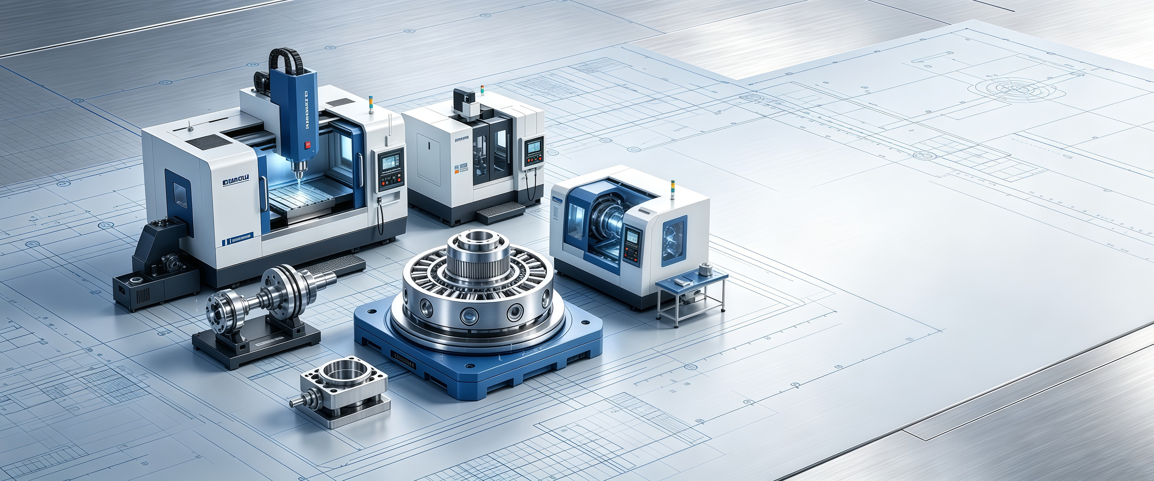 Precision CNC machining equipment and finished components staged on a technical blueprint surface