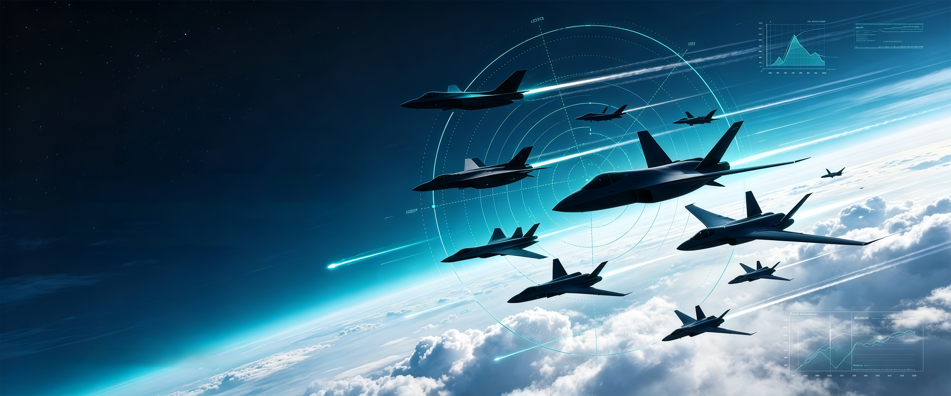Formation of advanced unmanned aircraft silhouettes against a high-altitude sky, representing UAV program capability