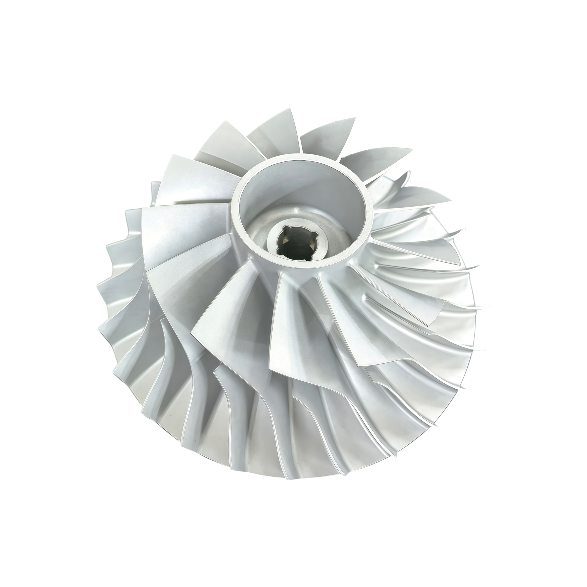 Machined compressor rotor with multiple curved blades and a central bore, shown on a clean white background