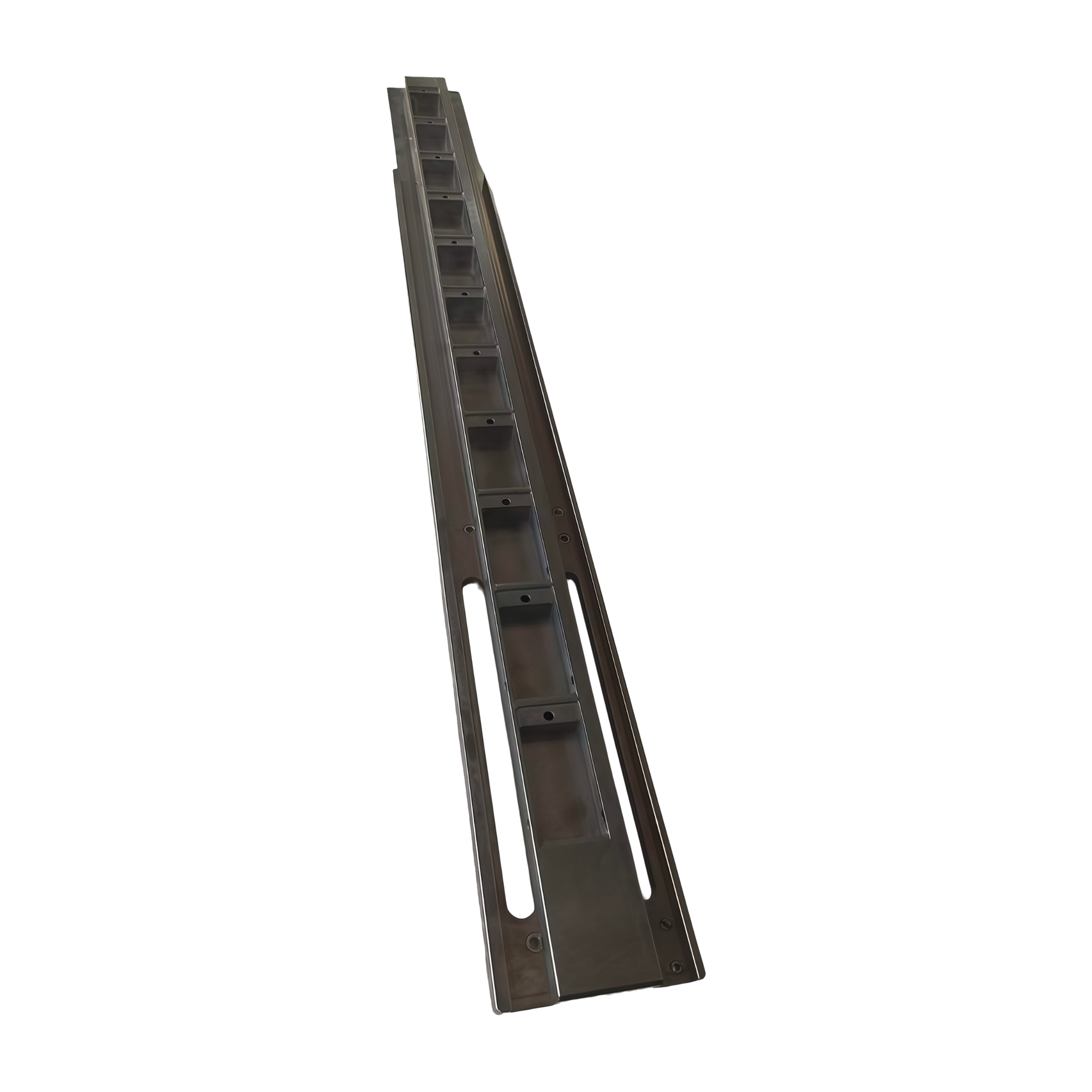 Long machined front plate with recessed channels and mounting features on a clean white background