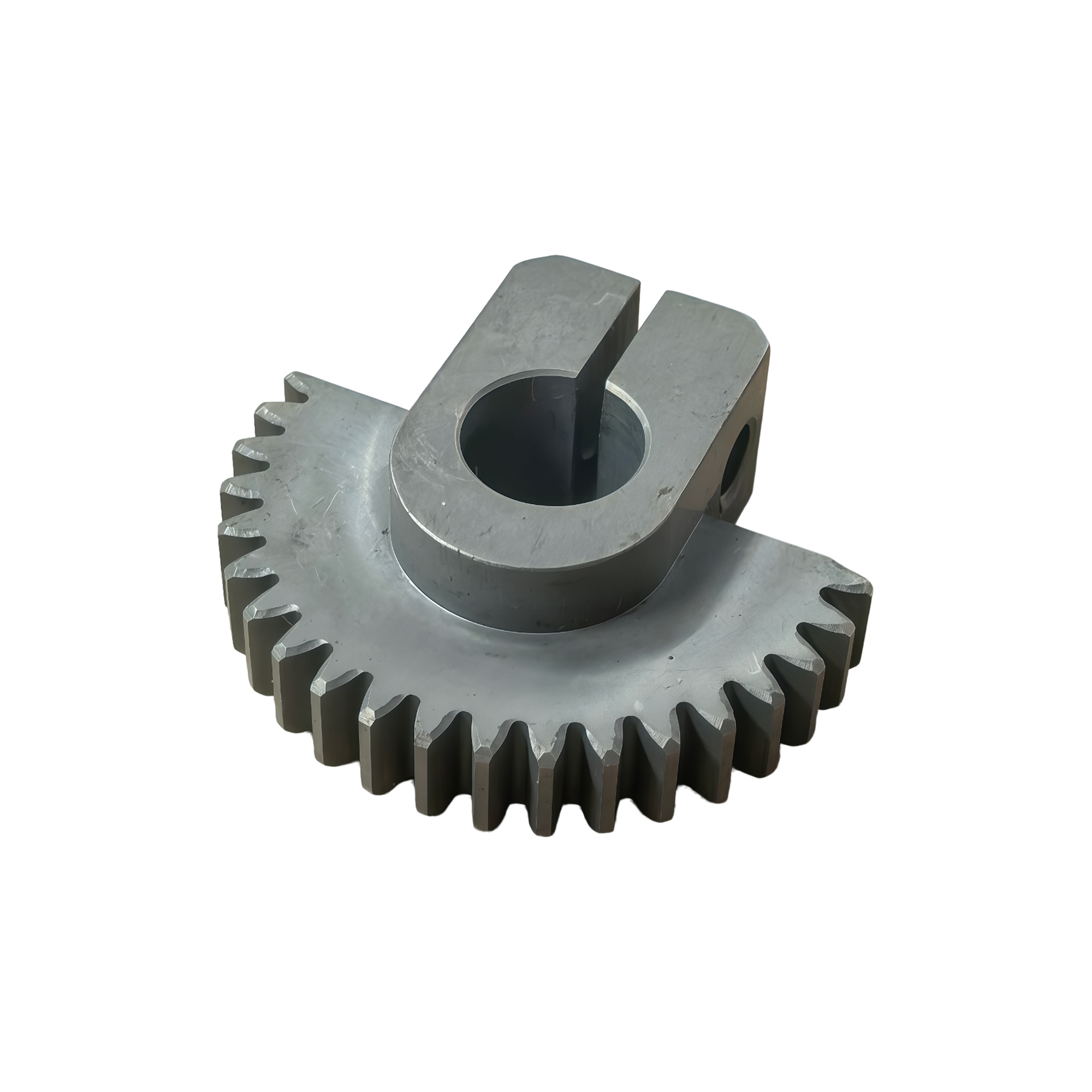 Machined gear fan with evenly spaced teeth and a raised central drive feature on a clean white background