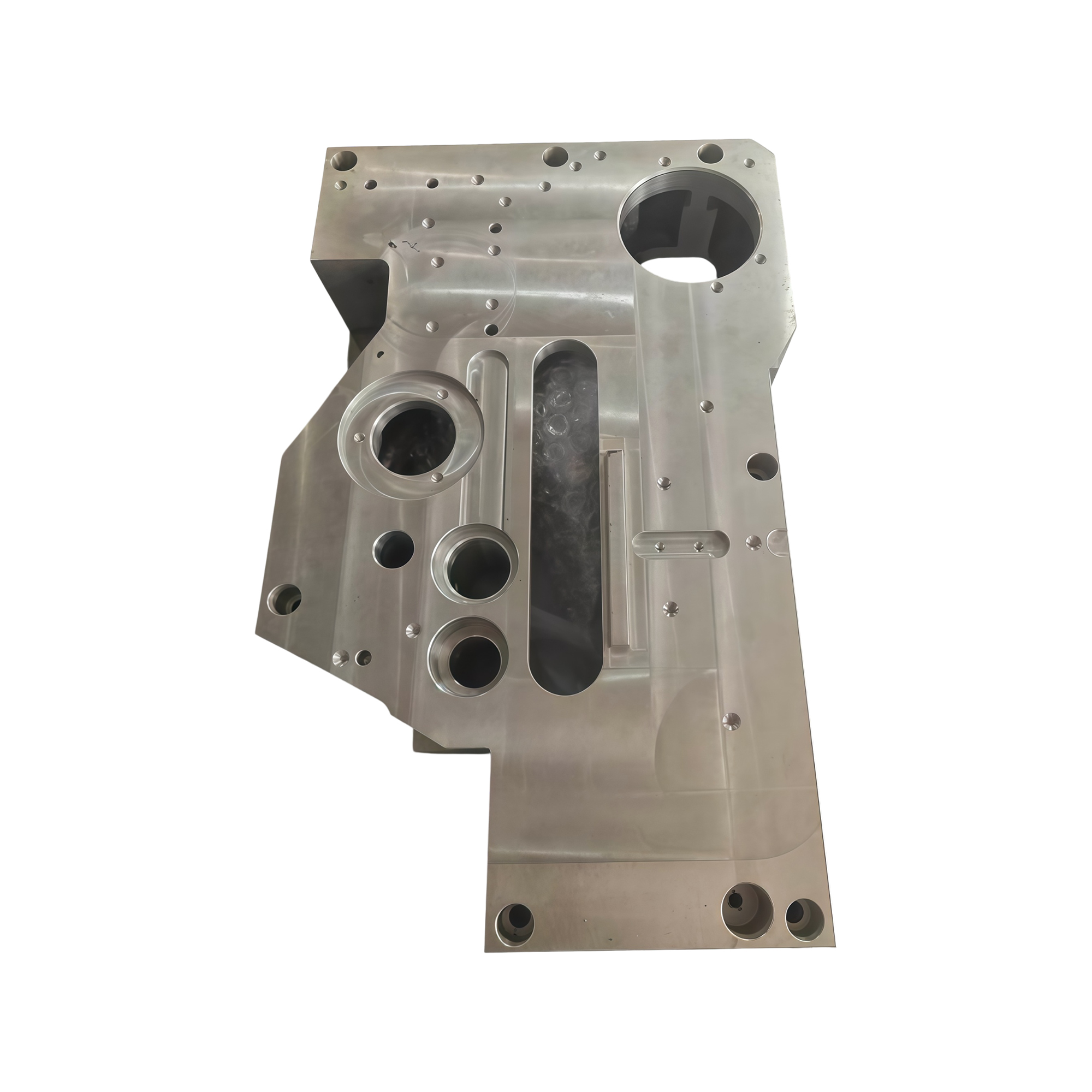 Machined aluminum housing block with multiple precision bores and mounting features on a clean white background