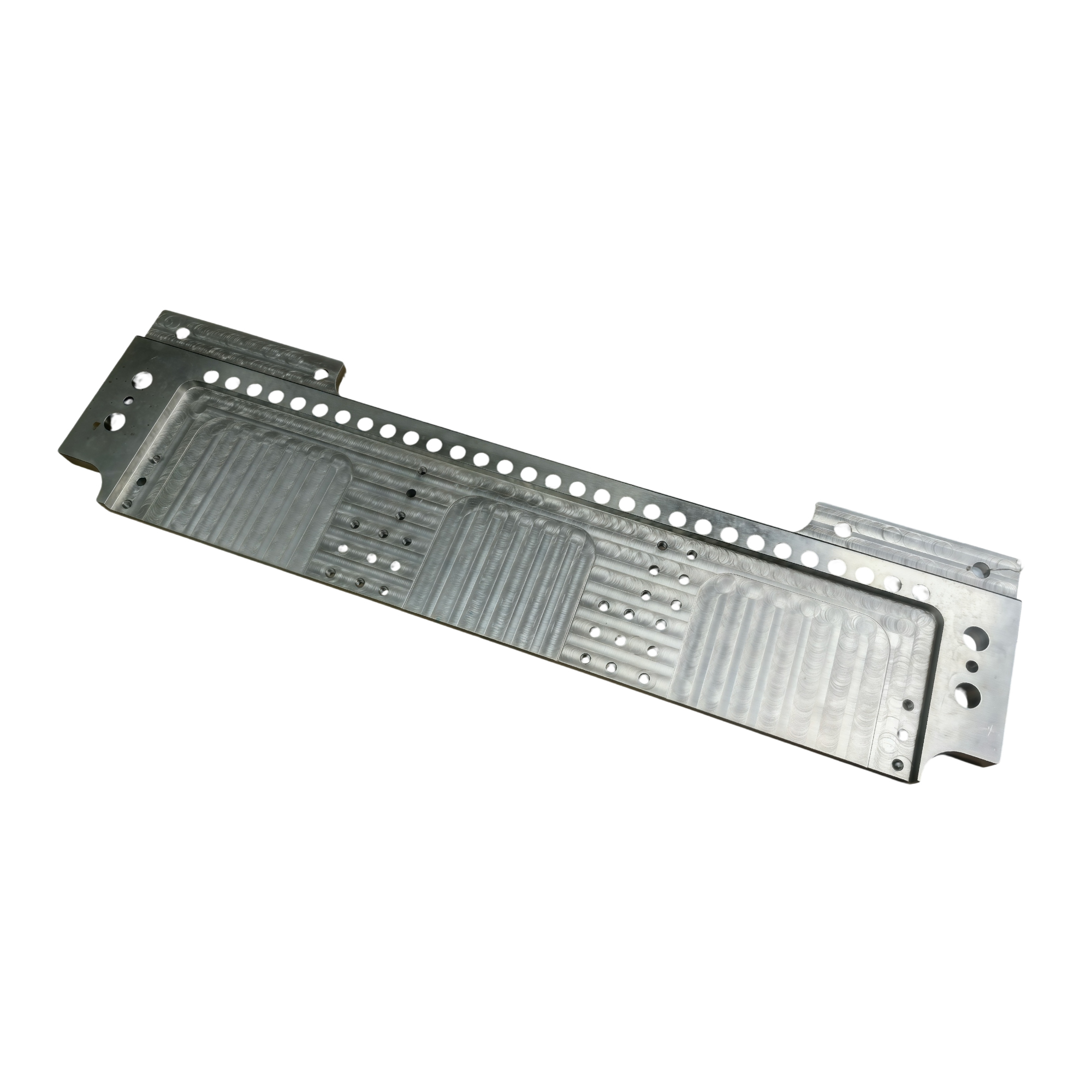 Elongated machined separator plate with repeated precision slots and fastening points on a clean white background